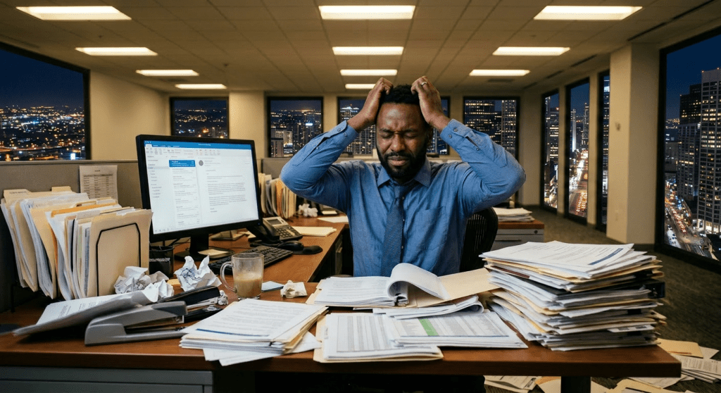 Stressed man holding his head surrounded by piles of documents in an office